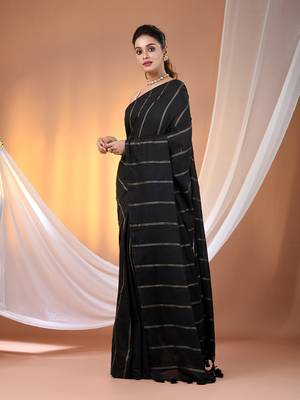 Black cotton handspun soft saree with stripe pattern 2