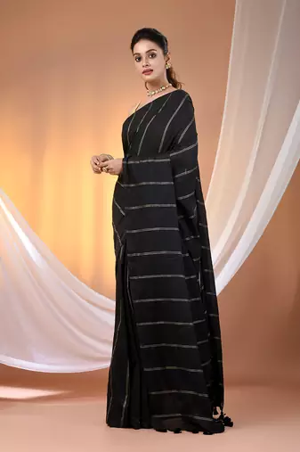 Black cotton handspun soft saree with stripe pattern