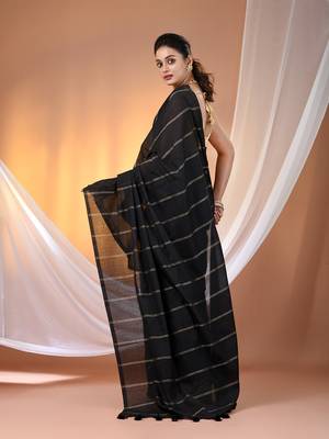 Black cotton handspun soft saree with stripe pattern 3