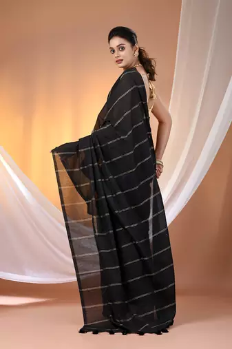 Black cotton handspun soft saree with stripe pattern