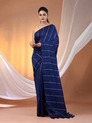 Blue cotton handspun soft saree with stripe pattern 1