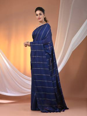 Blue cotton handspun soft saree with stripe pattern 2