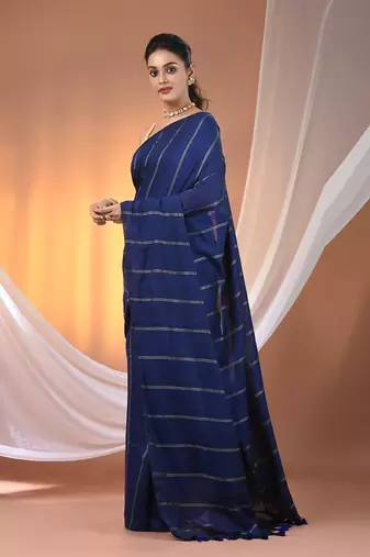 Blue cotton handspun soft saree with stripe pattern