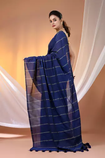 Blue cotton handspun soft saree with stripe pattern