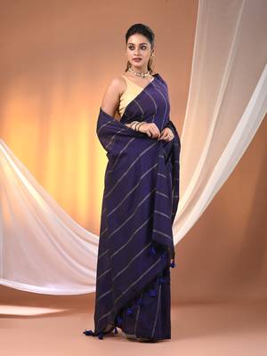 Purple cotton handspun soft saree with stripe pattern 2
