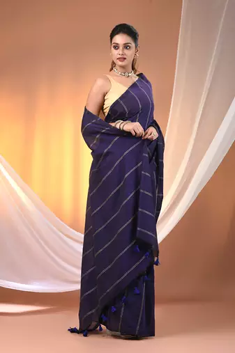 Purple cotton handspun soft saree with stripe pattern