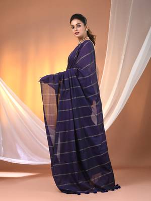 Purple cotton handspun soft saree with stripe pattern 3
