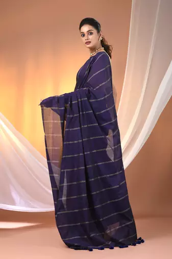 Purple cotton handspun soft saree with stripe pattern