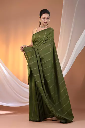 Green cotton handspun soft saree with stripe pattern