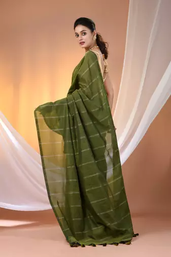 Green cotton handspun soft saree with stripe pattern