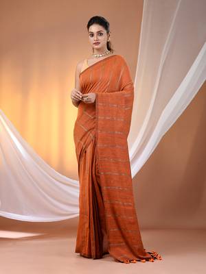Orange cotton handspun soft saree with stripe pattern 1
