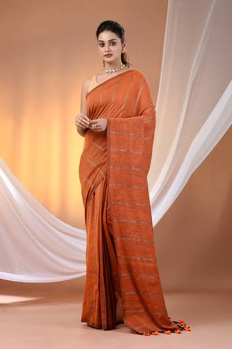 Orange cotton handspun soft saree with stripe pattern
