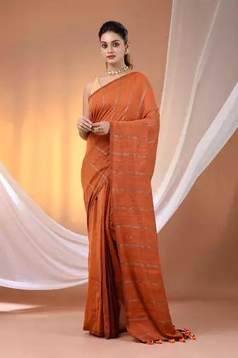 Orange cotton handspun soft saree with stripe pattern