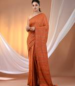 Orange cotton handspun soft saree with stripe pattern