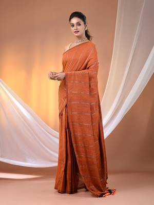 Orange cotton handspun soft saree with stripe pattern 2