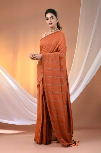 Orange cotton handspun soft saree with stripe pattern