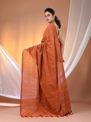 Orange cotton handspun soft saree with stripe pattern 3