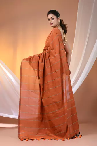Orange cotton handspun soft saree with stripe pattern