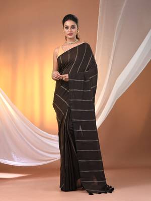 Brown cotton handspun soft saree with stripe pattern 1