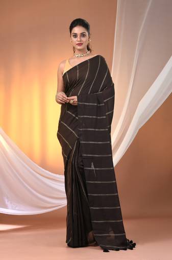 Brown cotton handspun soft saree with stripe pattern