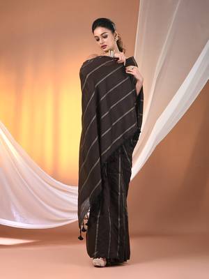 Brown cotton handspun soft saree with stripe pattern 2