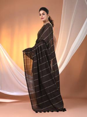 Brown cotton handspun soft saree with stripe pattern 3