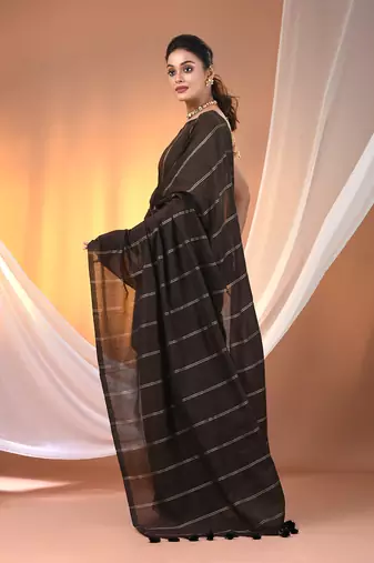 Brown cotton handspun soft saree with stripe pattern