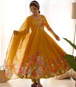 Floral Printed Organza Anarkali Kurta With Cotton Silk Pant And Dupatta