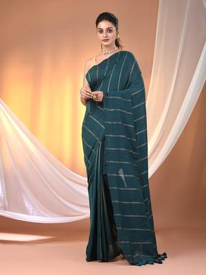 Teal cotton handspun soft saree with stripe pattern 1