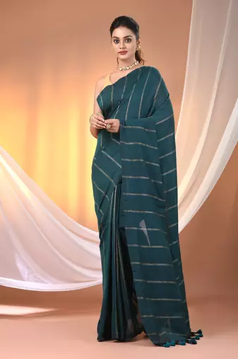 Teal cotton handspun soft saree with stripe pattern