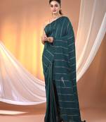 Teal cotton handspun soft saree with stripe pattern