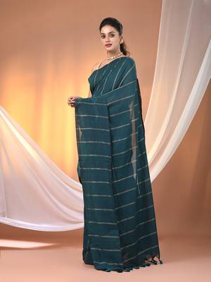 Teal cotton handspun soft saree with stripe pattern 2