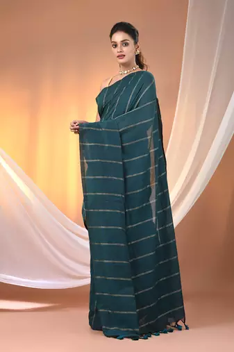 Teal cotton handspun soft saree with stripe pattern