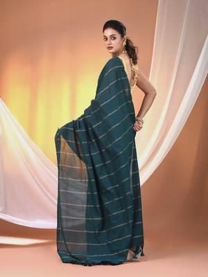 Teal cotton handspun soft saree with stripe pattern 3