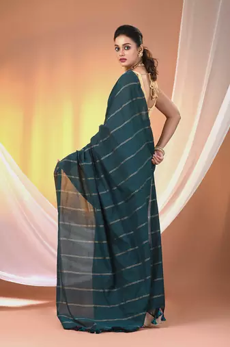 Teal cotton handspun soft saree with stripe pattern