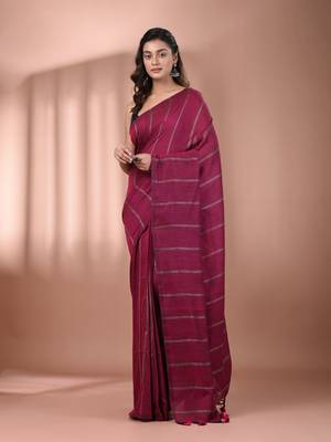 Magenta cotton handspun soft saree with stripe pattern 1