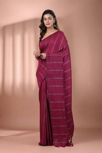 Magenta cotton handspun soft saree with stripe pattern
