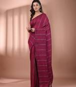 Magenta cotton handspun soft saree with stripe pattern