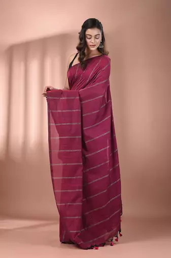 Magenta cotton handspun soft saree with stripe pattern