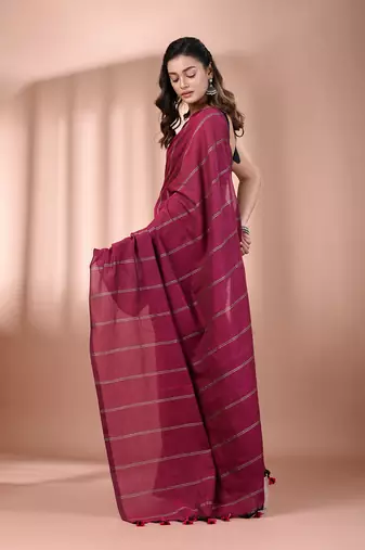 Magenta cotton handspun soft saree with stripe pattern