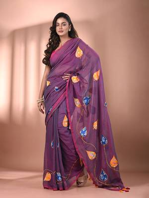 Lilac dual tone mulmul cotton soft saree with applique work Without blouse 1