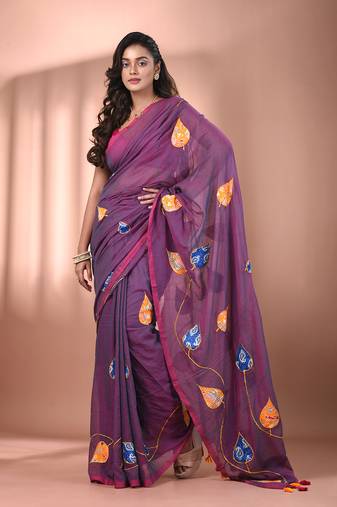 Lilac dual tone mulmul cotton soft saree with applique work Without blouse