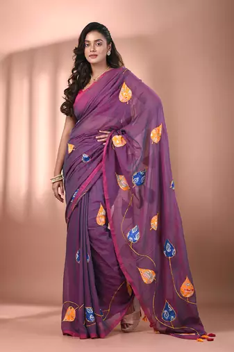 Lilac dual tone mulmul cotton soft saree with applique work Without blouse