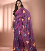 Lilac dual tone mulmul cotton soft saree with applique work Without blouse