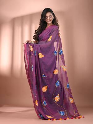 Lilac dual tone mulmul cotton soft saree with applique work Without blouse 2