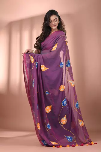 Lilac dual tone mulmul cotton soft saree with applique work Without blouse