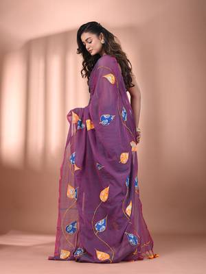 Lilac dual tone mulmul cotton soft saree with applique work Without blouse 3