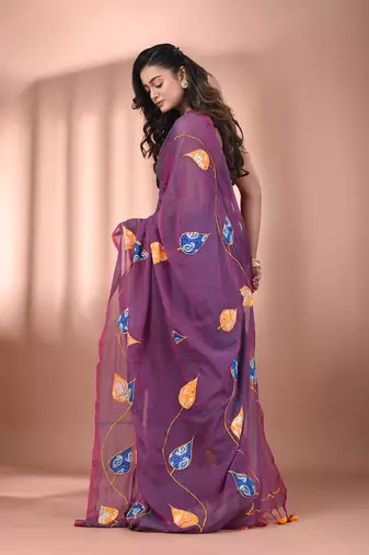 Lilac dual tone mulmul cotton soft saree with applique work Without blouse