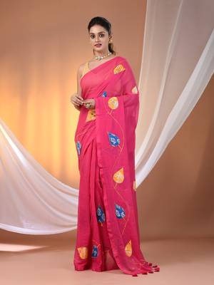Pink mulmul cotton soft saree with applique work Without blouse 1