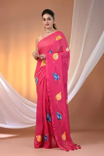 Pink mulmul cotton soft saree with applique work Without blouse